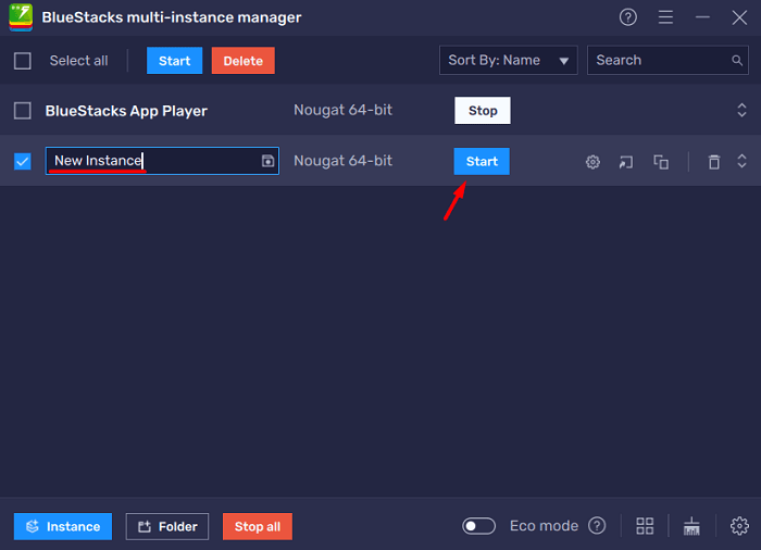 Переименуйте новый экземпляр или удалите существующий — Черный экран на BlueStacks