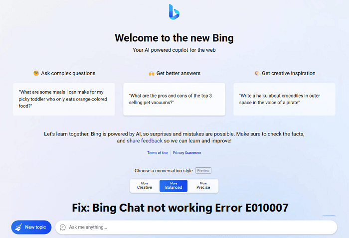 Bing Chat not working Error E010007