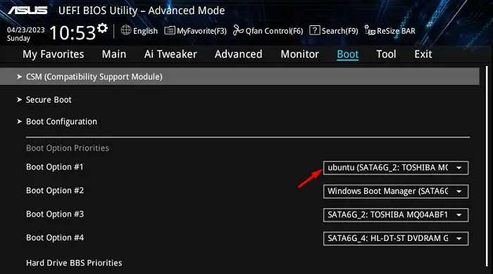 Change the first Boot option to Ubuntu