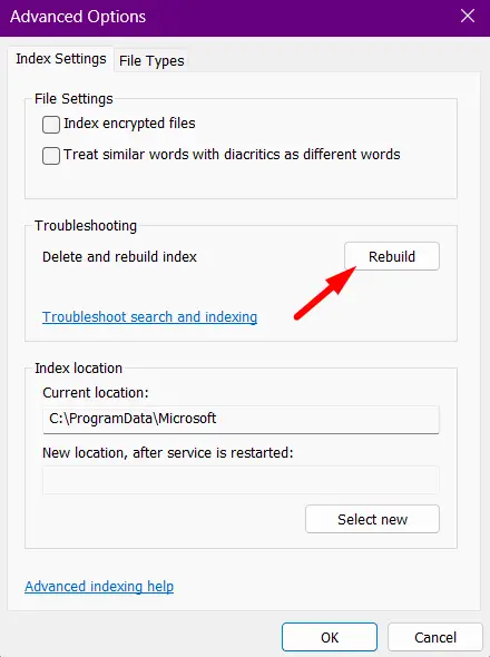 Нажмите «Перестроить» в разделе «Устранение неполадок».