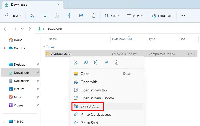 Извлеките ViVeTool, чтобы получить все его файлы