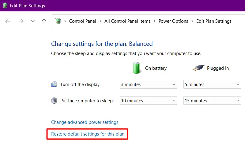 Восстановить настройки по умолчанию для этого плана