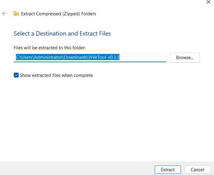Выберите место для извлечения ViVeTool