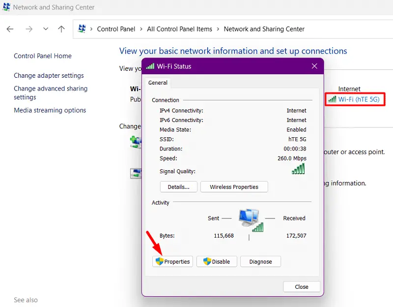 Перейдите в Свойства вашей сети Wi-Fi.