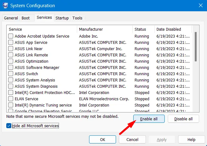 Включить все службы Майкрософт
