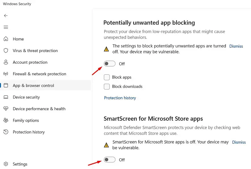 Отключите блокировку потенциально нежелательных приложений.